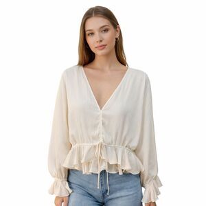 Blue Life Blouse Womens Large White Satin Ruffle Hem V Neck Peplum Top
